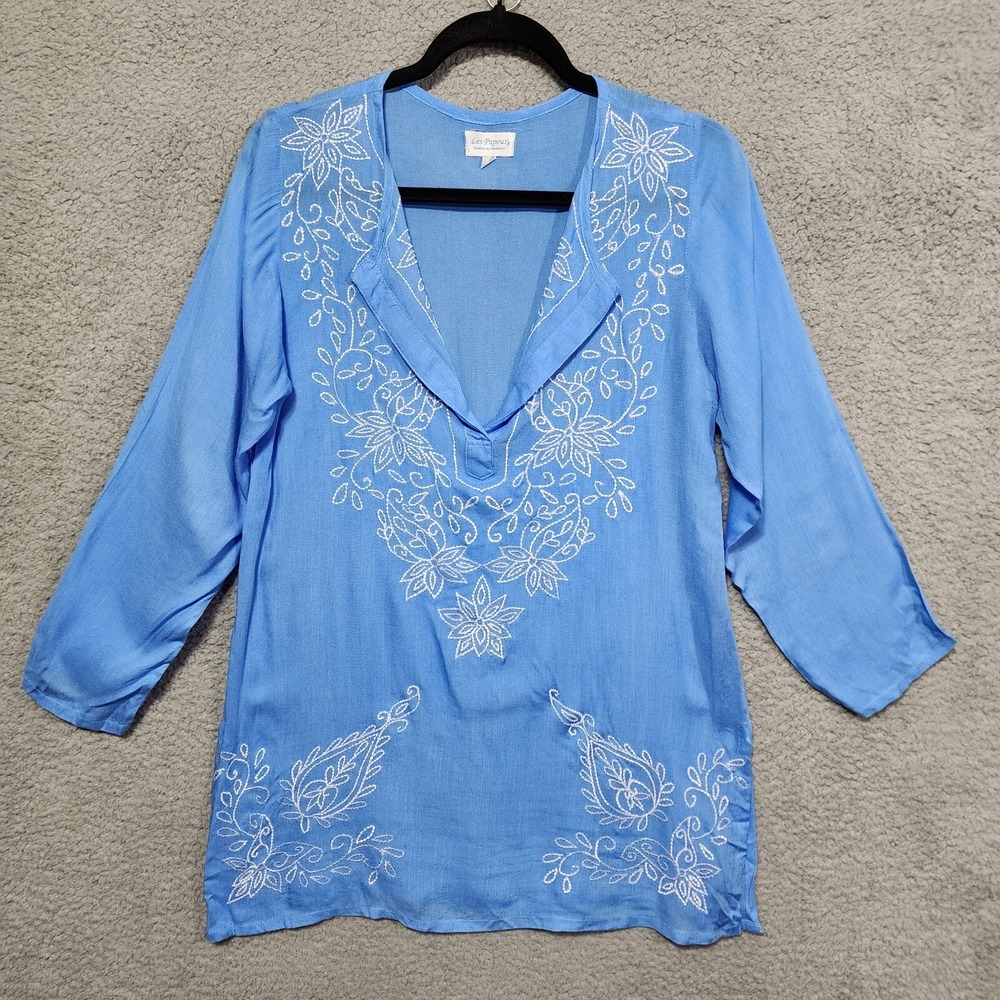 Womens‎ Rayon St. Barths Les Papoux Blue Floral Lightweight Summer Top Medium